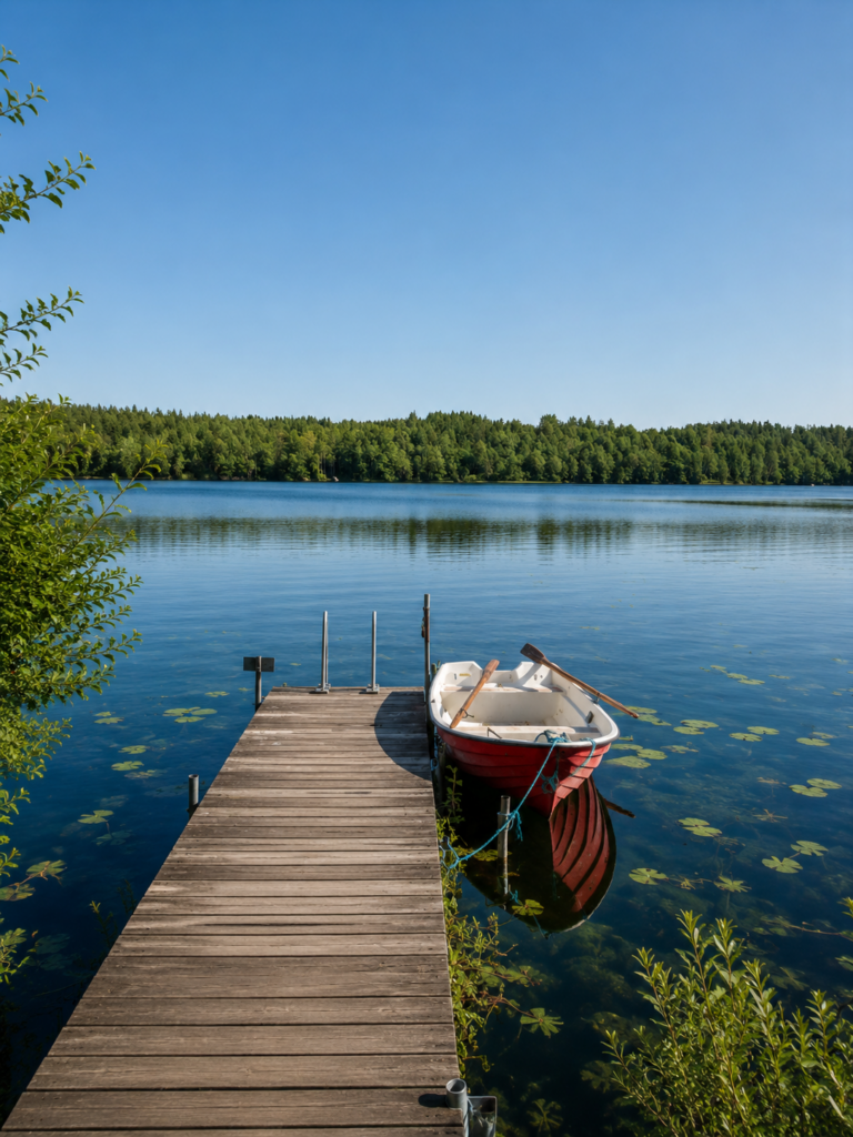 Privater Bootssteg am See beim Ferienhaus in Südschweden