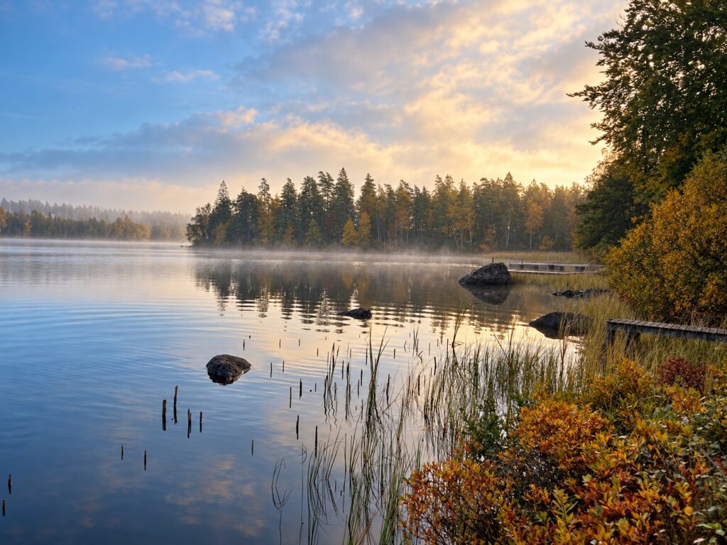 Ruhiger See mit Morgennebel in Südschweden nahe Belganet – Umgebung der Buchinger-Fastenwoche